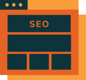 Illustration of a website layout with an orange background and a section labeled "seo" highlighted in the center.