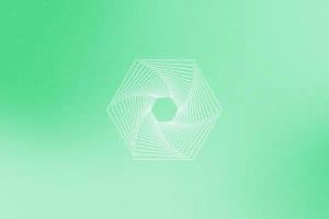 Abstract geometric line art of a spiraling hexagon in white on a soft green background.
