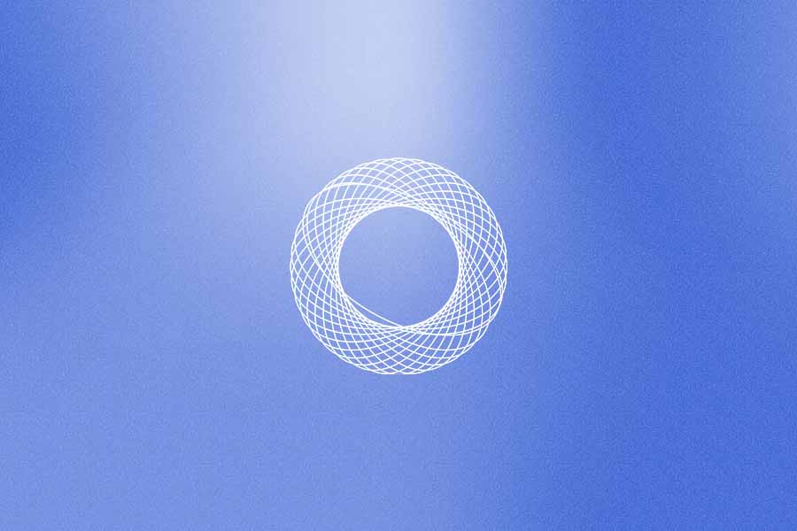 A graphic image of a white, intricate geometric circle floating against a bright blue sky with a beam of sunlight shining from the top.