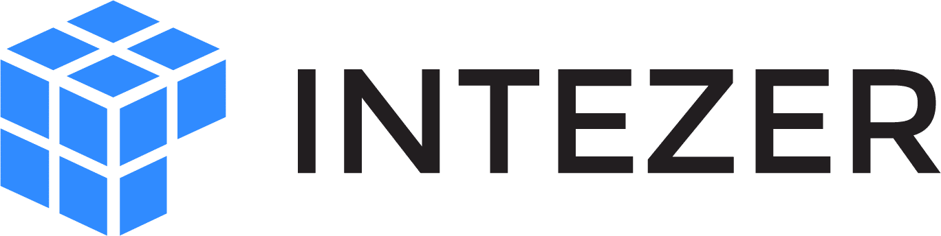 Logo of intezer featuring a stylized, geometric blue cube followed by the company name in capital letters, all set against a plain dark green background.