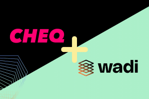 Graphic showing the word "cheq" in pink letters on the left, with a plus sign in the center, and the "wadi" logo on the right, against a black and teal geometric background.