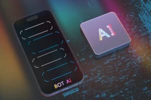 A smartphone displaying a chatbot interface labeled "bot ai" next to a luminous button with "ai" illuminated in neon colors, set against a digital, pixelated background.