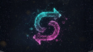 Two glowing arrows forming a loop, surrounded by digital and shopping icons on a starry background.