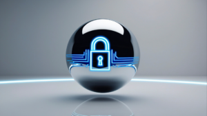 A shiny sphere with a glowing blue padlock symbol, representing digital security.