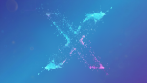 Digital particles form an "X" shape on a blue gradient background.