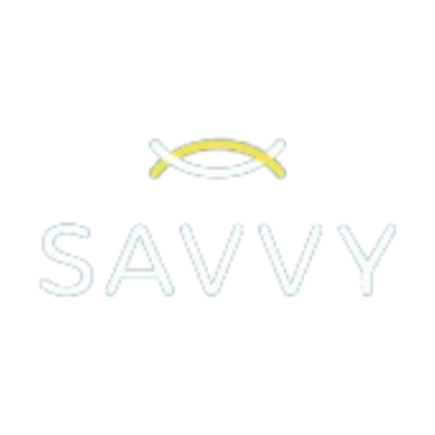 Logo with the word "SAVVY" in white and an arched yellow line above it on a black background.