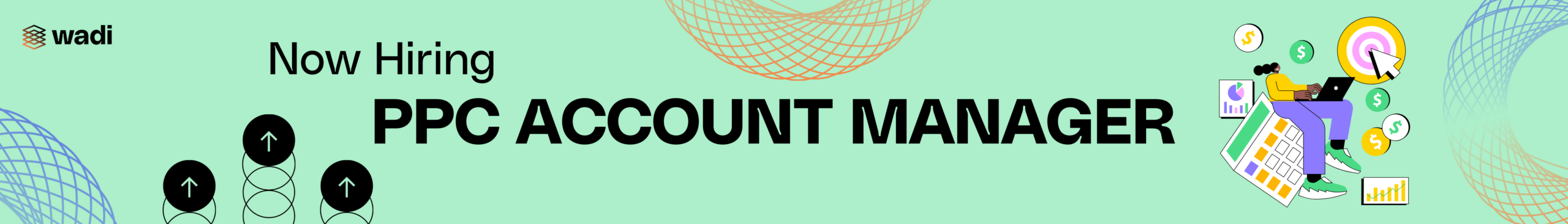 Now hiring PPC Account Manager; abstract graphics and icons related to digital marketing.
