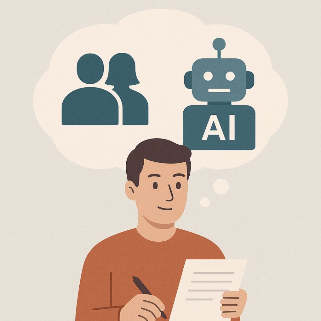A person thinking about people and AI while writing on a sheet of paper.