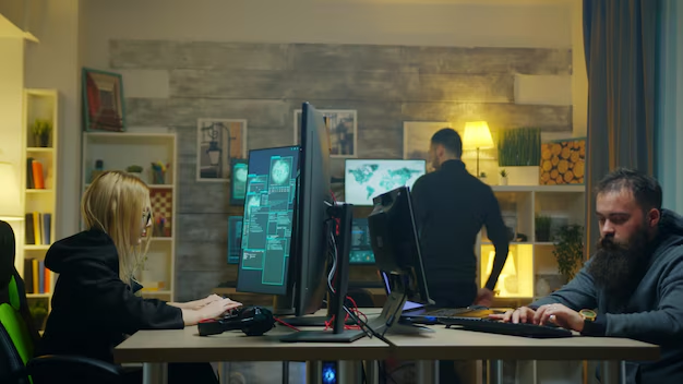 Three people working at computers in a modern office with multiple monitors and maps.