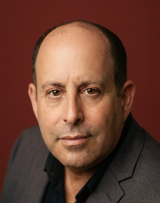 Bald man in a dark blazer against a reddish-brown background, looking at the camera.