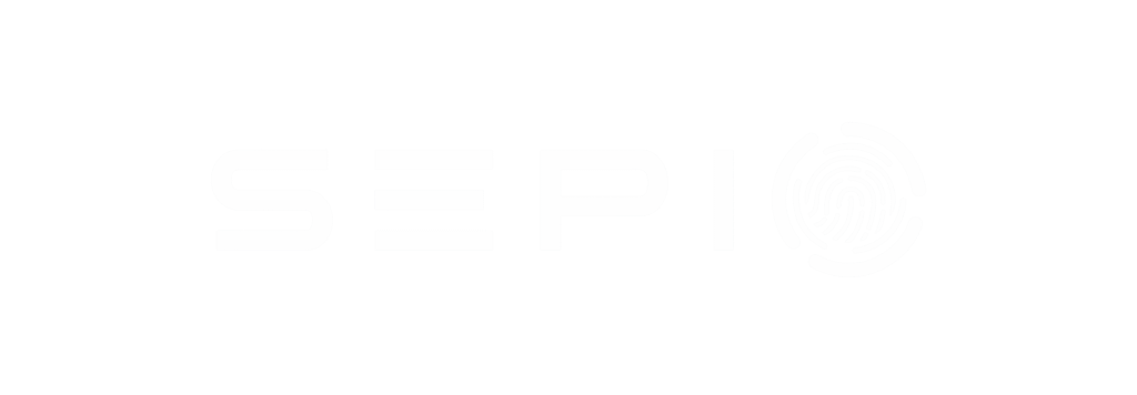 White "SEPIO" logo with a fingerprint design in place of the "O" on a light gray background.