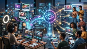 People using AI tools for video marketing on laptops and tablets in a modern workspace.