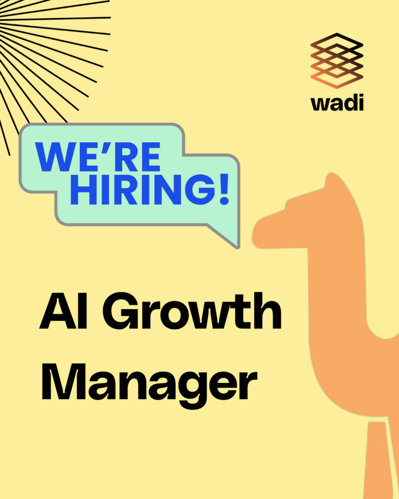 “We’re hiring! AI Growth Manager position at wadi, with abstract shapes on yellow background.”.