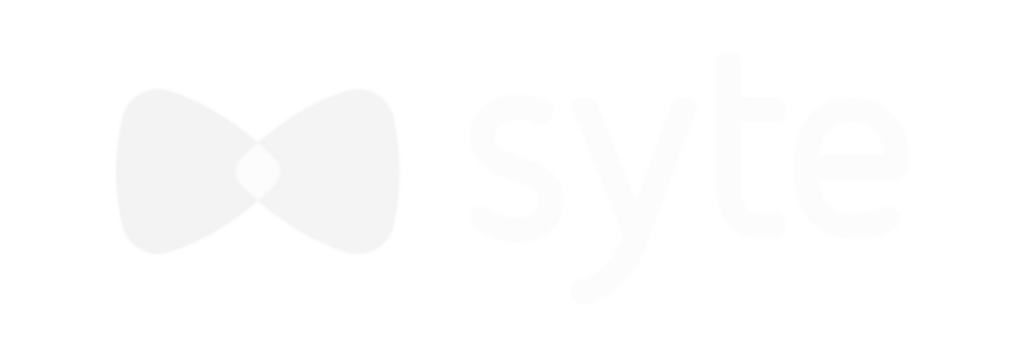 White “syte” logo with a faint abstract butterfly shape on a light gray background.